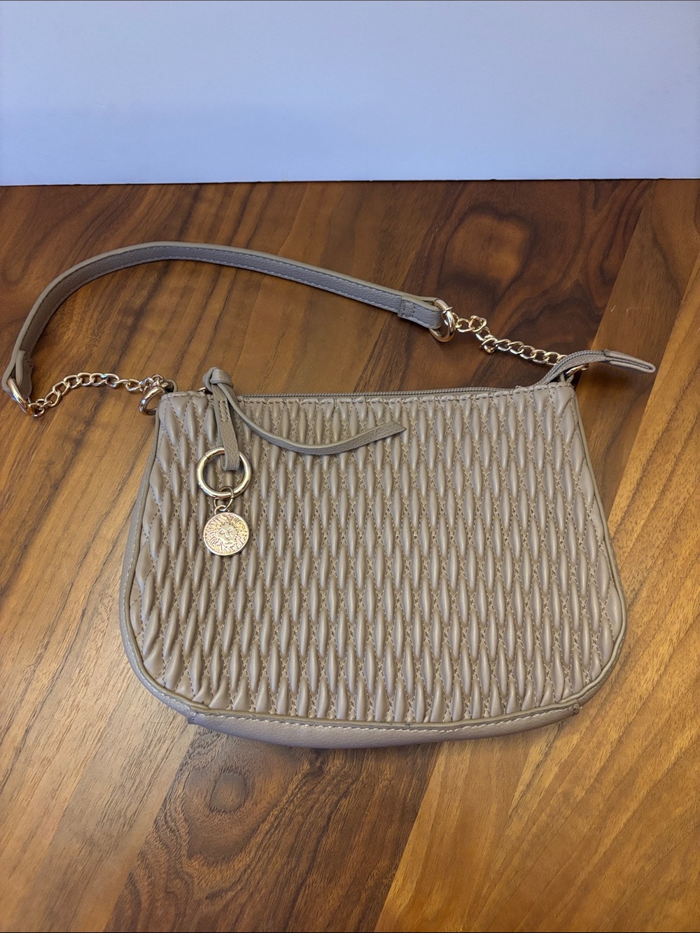 Anne Klein Quilted Taupe Crossbody Bag with Gold Accent